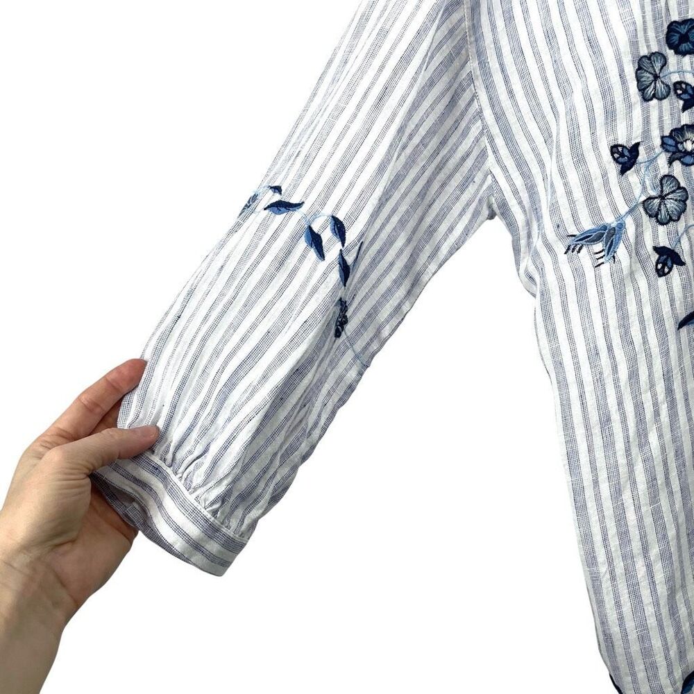 J. Jill 100% linen embroidered floral striped popover shirt top size M blue - Picture 6 of 8